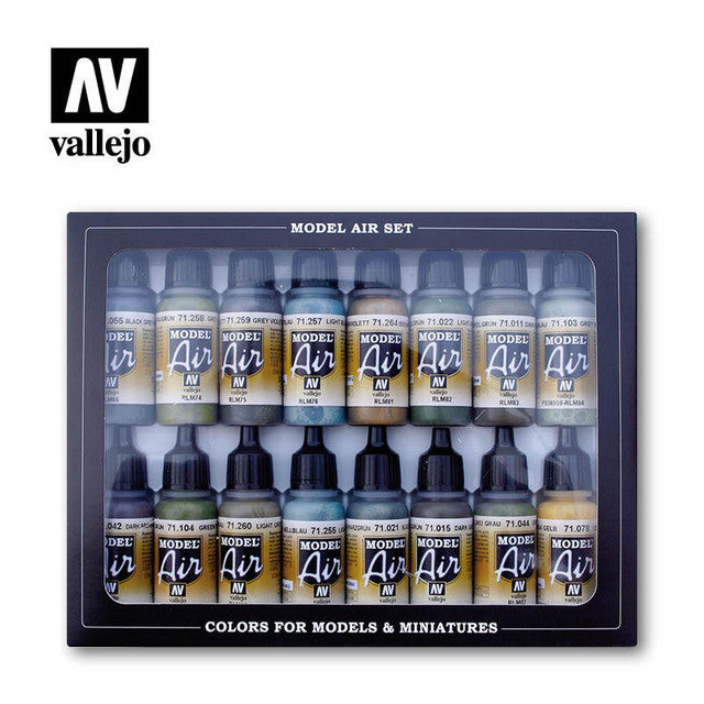 Vallejo Model Air RLM Paint Set with 16 acrylic airbrush paint colors for WWII Luftwaffe aircraft