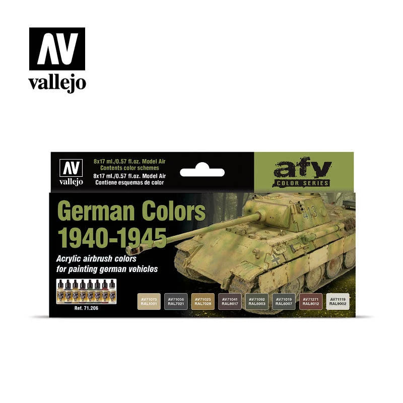 Vallejo Model Air German Colors 1940–1945 paint set, 8 × 17ml bottles, Ref. 71.206, featuring German WWII vehicle camouflage colors.