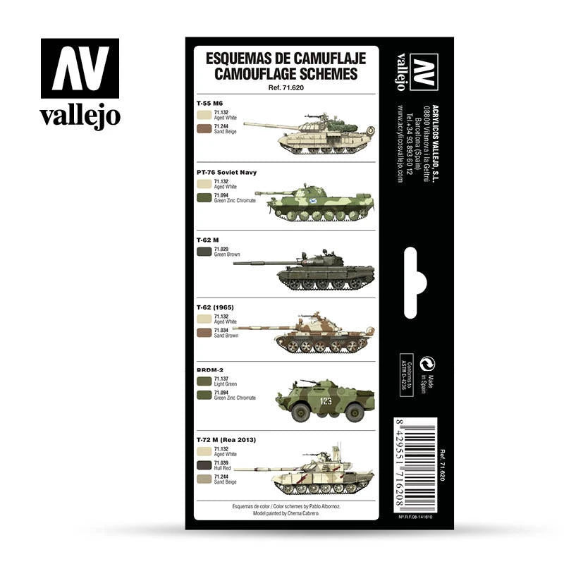 Vallejo Model Air 71.620 camouflage guide showing Cold War and modern Russian vehicle paint schemes for T-55, PT-76, T-62, BRDM-2 and T-72 tanks and armored vehicles.