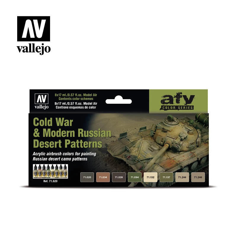 Vallejo Model Air 71.620 Cold War & Modern Russian Desert Patterns paint set with eight 17ml acrylic airbrush colors.